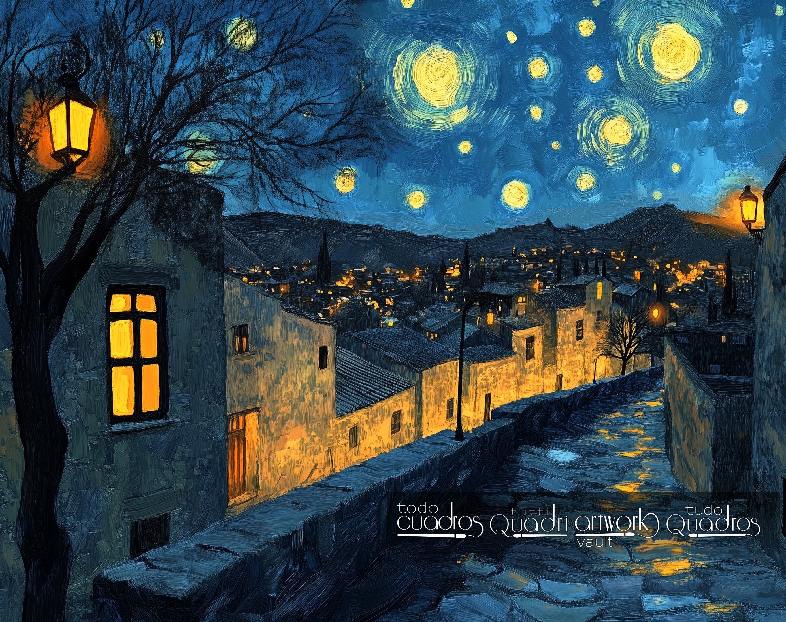 Strade di luce e stelle, stile Van Gogh moderno